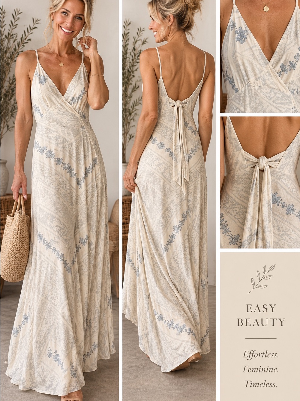 Easy Beauty Cream Floral Maxi Dress with Blue Accents